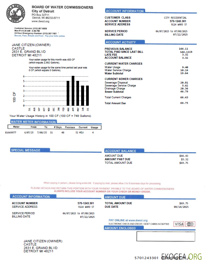USA Board of Water Commissioners utility bill template in Word and PDF formats